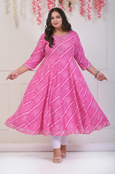 Plus Size Pink Leheriya Print Flared Long Kurta-686